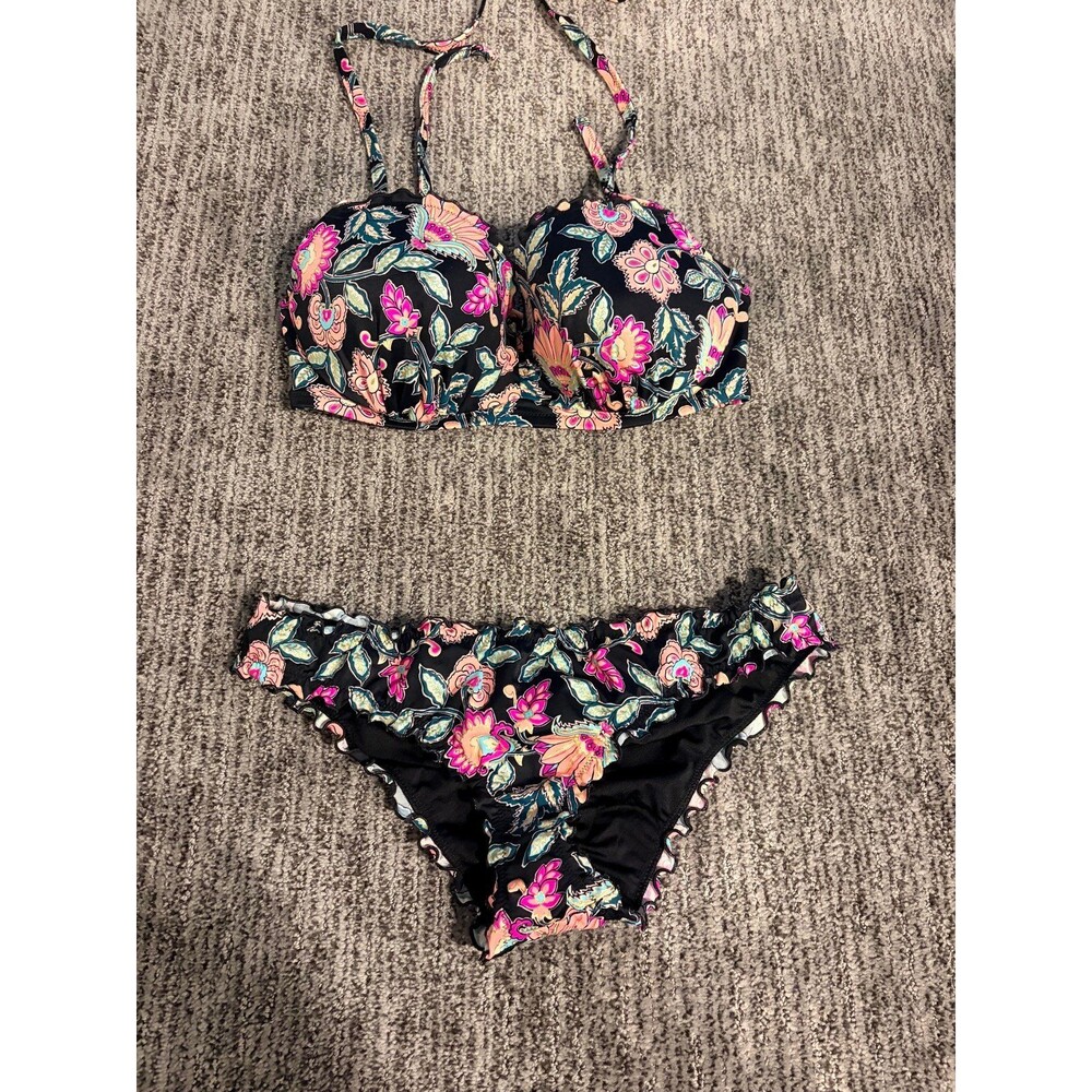 BN Women Floral Print Bikini 2 piece Swimsuit M 34D halter shade & shore scrunch